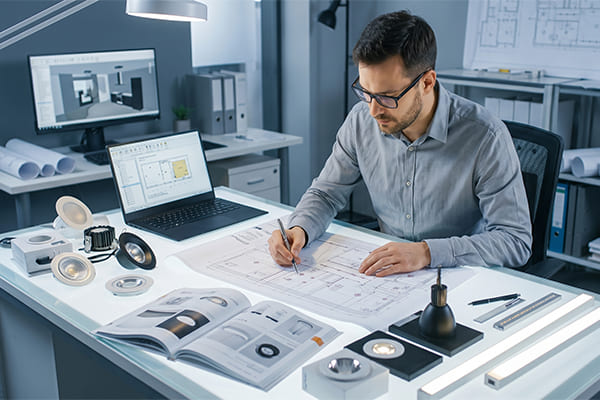 An engineer selecting lighting fixtures for a project blueprint